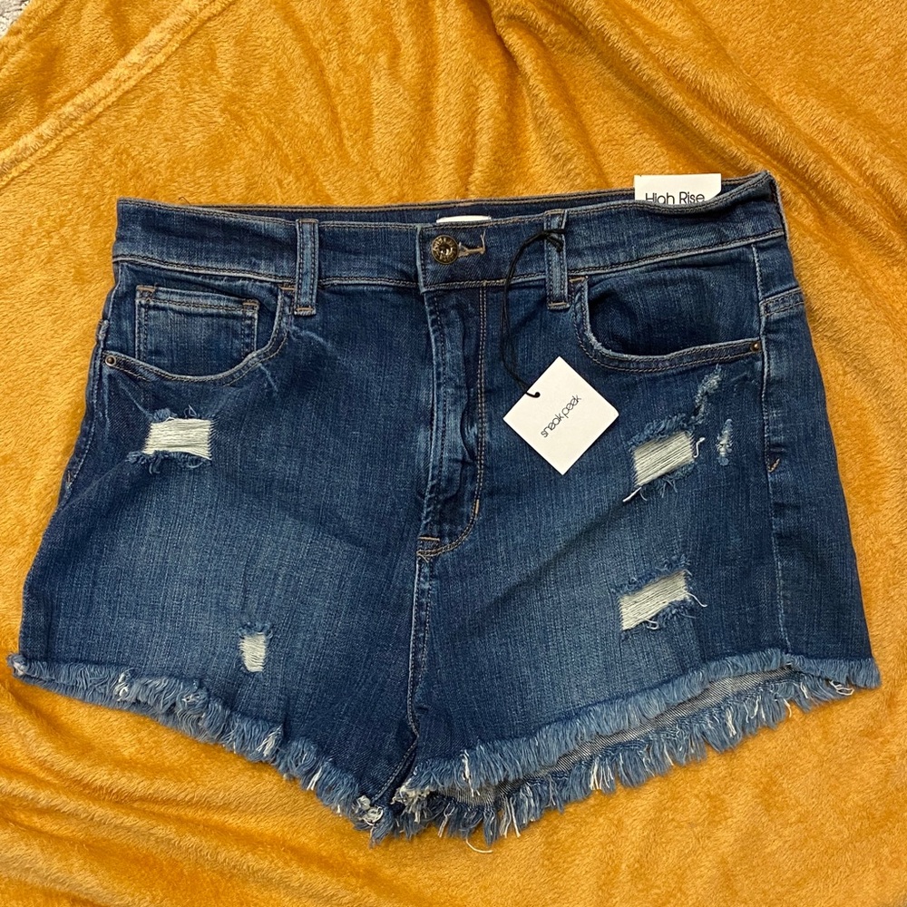 Sneak Peek High Rise Distressed Jean Shorts - Dark Blue